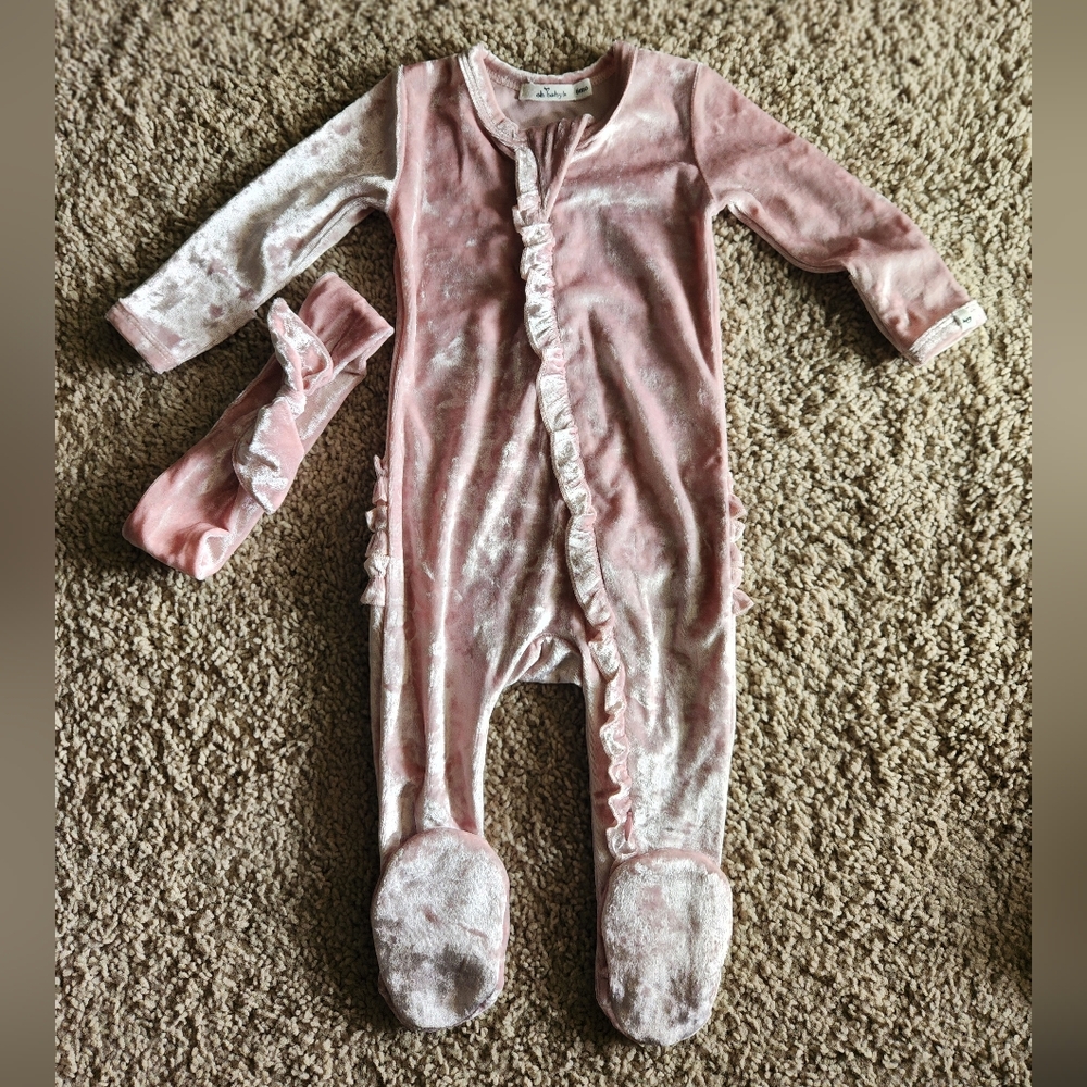 Pink Crushed Velvet Onesie with Headband